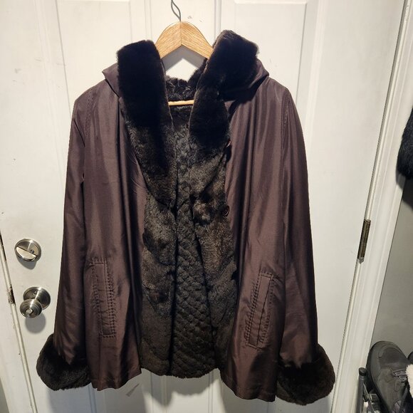 Womens Reversible Hooded Large Knitted Rex Rabbit Fur Jacket Raincoat Reversible - Picture 9 of 12